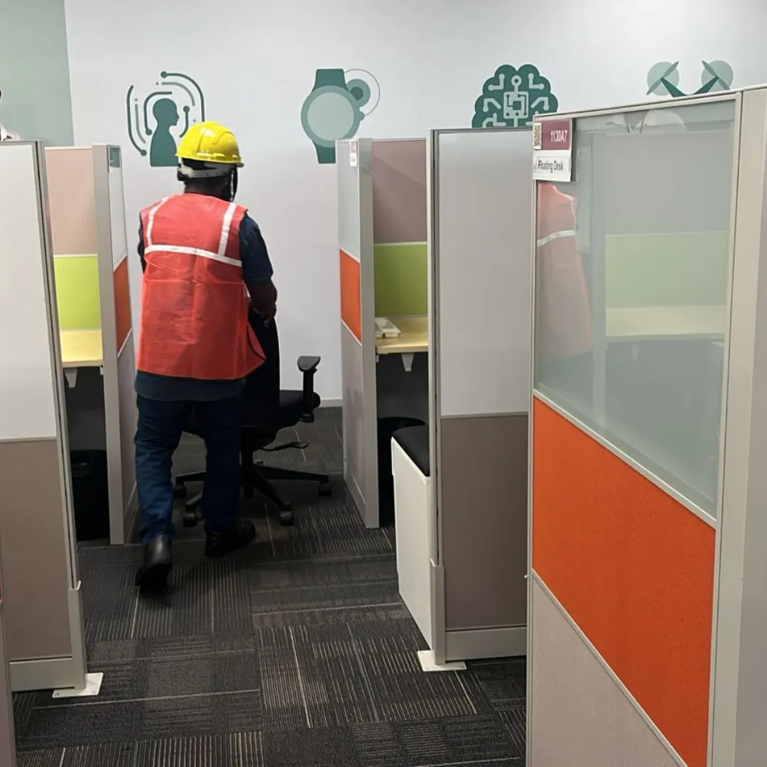 Before and after split frame documenting workplace furniture breakdown and raw floor teardowns across technology zones in Bangalore.