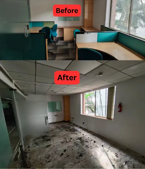 Wooden worktops and modular cubicle partitions flat-packed during a professional office furniture dismantling Bangalore project.